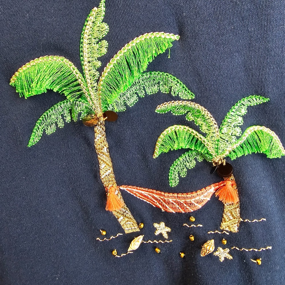 Alfred Dunner Petite XL Blue Tropical Palm Tree Embroidered Beaded Knit Top PXL - Picture 3 of 6